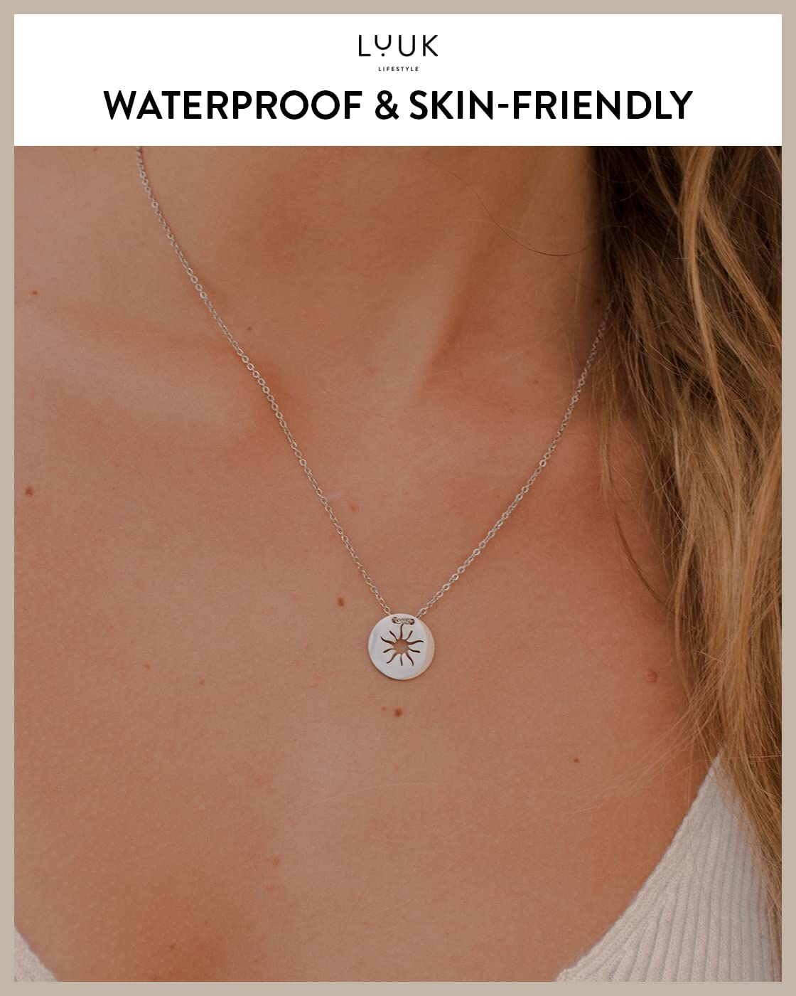 LUUK LIFESTYLE Necklace for women made of quality stainless steel with sun pendant and HAPPINESS gift card, modern and trendy jewelry for summer, Mediterranean sign of vitality, lucky charm, silver