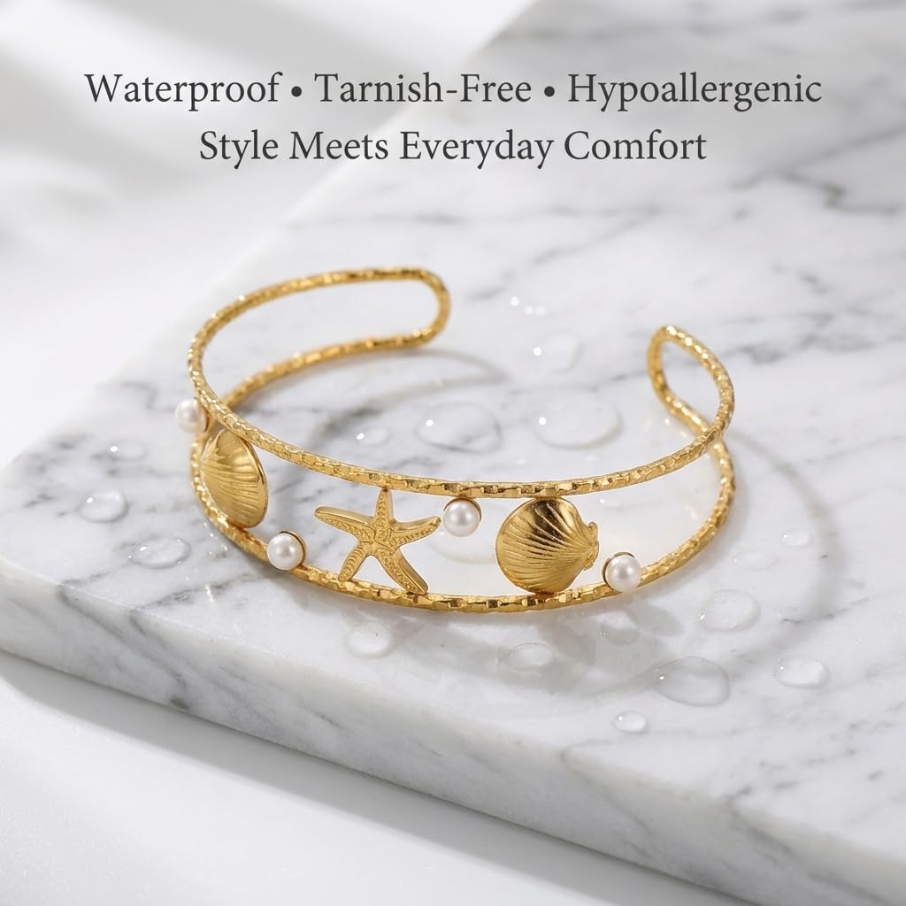 MystiGlimmer Starfish Open Cuff Bracelet for Women 18K Gold Plated Stainless Steel, Adjustable Ocean-Inspired Arm Cuff, Waterproof, Hypoallergenic Beach Jewelry Gift