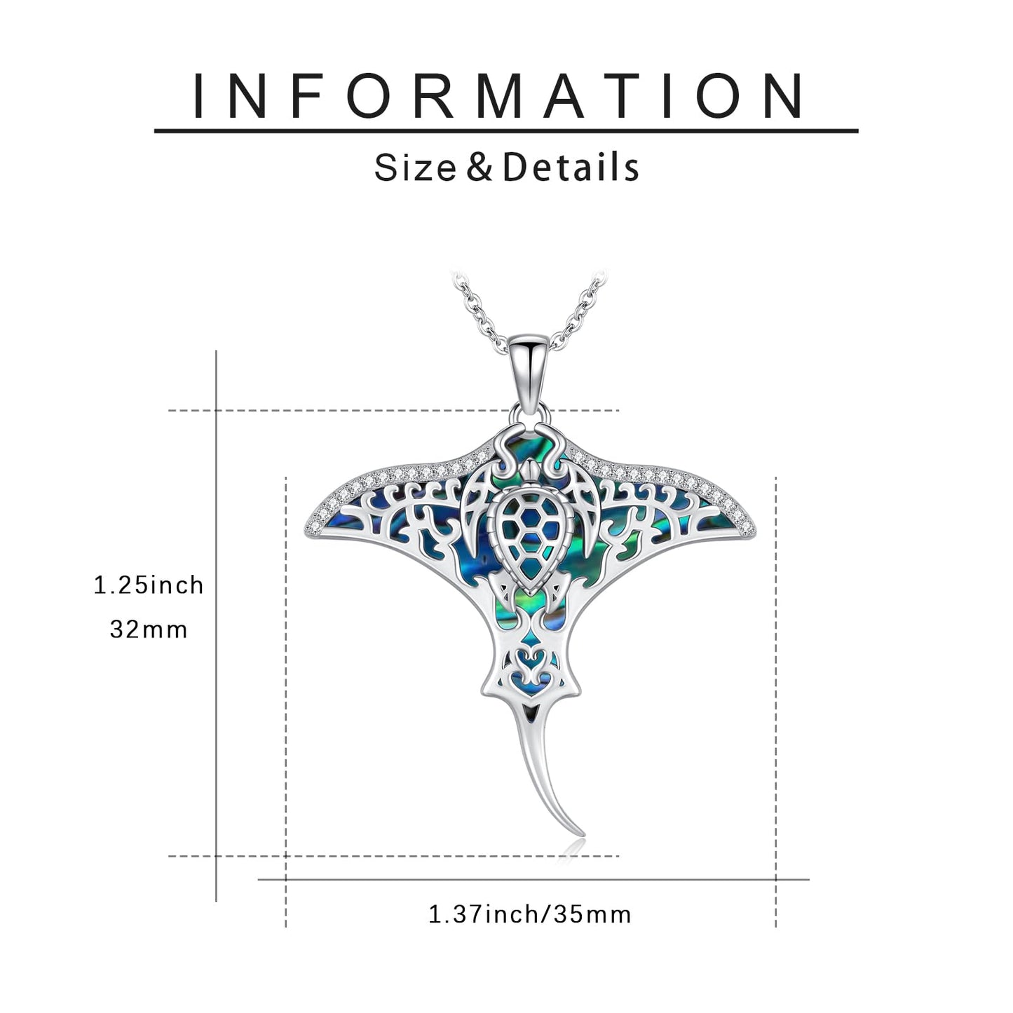 Midir&Etain 925 Sterling Silver Sea Turtle Stingray Necklace Manta Ray Pendant Ocean Jewelry Gift for Women Stingray Lovers