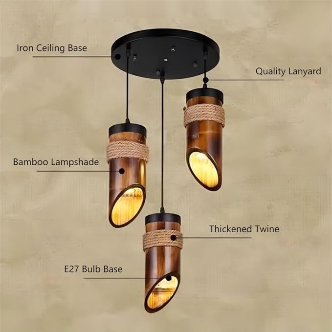 LIGHTLAND Rustic Bamboo Pendant Lights, 12 Inch, 3-Pack for Dining Room, Zen Tea Room, Retro Style