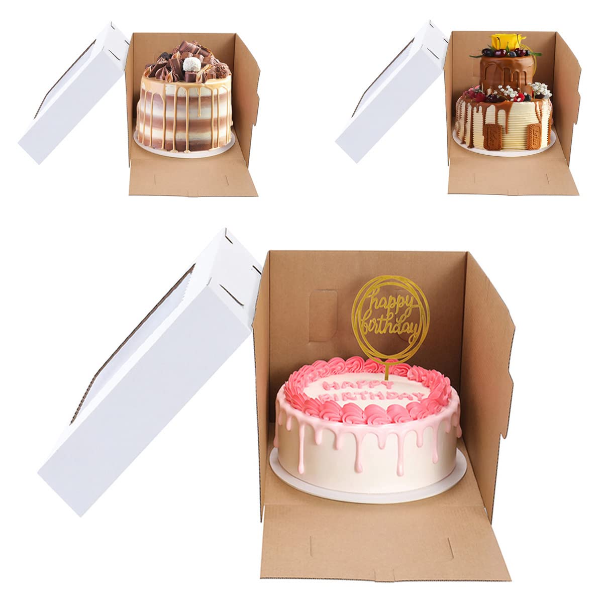 Huoshange Tall Cake Boxes for Tier Cakes,8X8X10 Inch [4Pack ] Thick Sturdy Cake Box with Window,White Cake Carrier, Disposable Cake Containers