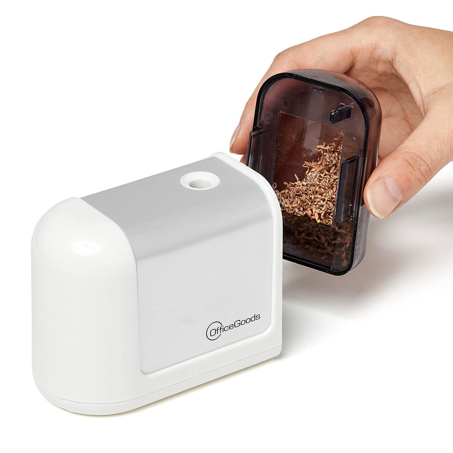 OfficeGoods Mini-Pro Electric Pencil Sharpener - Cordless Portable Sharpener - Battery Operated - Compact & Powerful for Home, Office & School - White