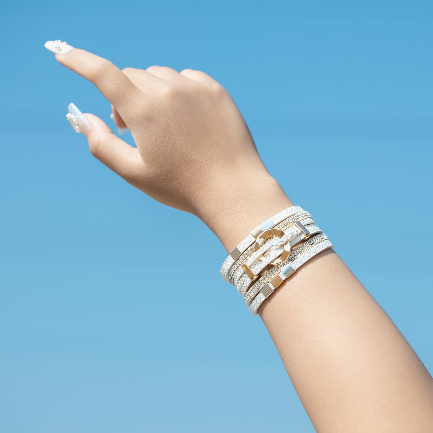 FANCY SHINY Boho Leather Wrap Bracelets Circle Square Bead Braided Handmade Stackable Bracelet Trendy Cuff Bangle for Women(White)