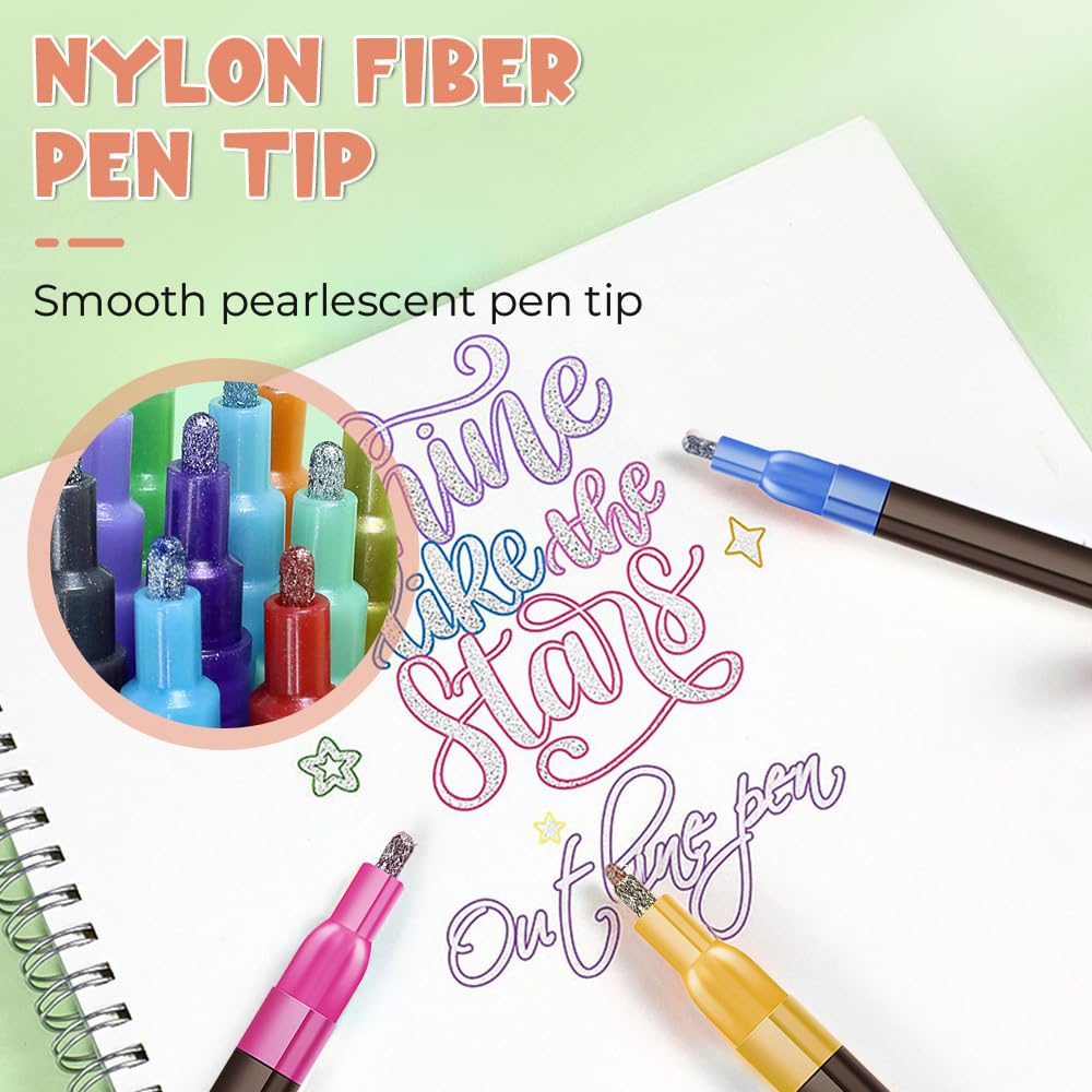 Marker Pen for Highlight, Outline Shimmer Markers Double Line Self-Outline Metallic Glitter Pens Super Squiggles Glitter Marker Set for Card Scrapbook Craft Arts Supplies(12)