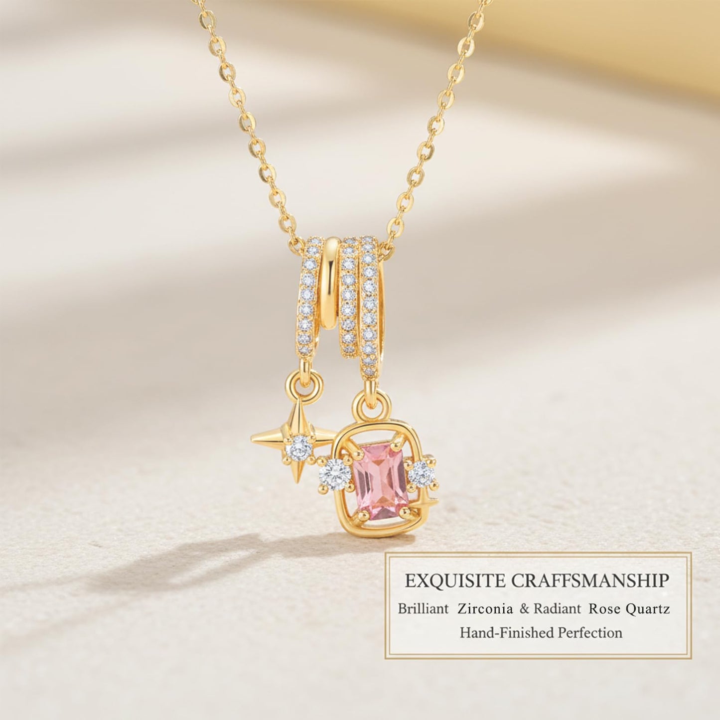 crataly Star And Rose Quartz Necklace For Women-Gold Plated Multi-Pendant October Birthstone Necklace For Valentines Day Mother's Day Christmas Birthday Gifts