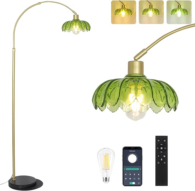 Arc Floor Lamps for Living Room, Gold Floor Lamp with Remote, Glass Standing Lamp for Bedroom, Green Flower Lamp with LED Bulb, Height Adjustable Tall Lamps for Office, Modern Stand Up Lamp Decor