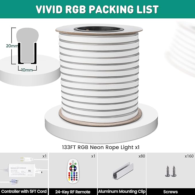 GZBtech RGB LED Neon Rope Lights 133FT/40M, AC 110-120V Waterproof Color Changing LED Rope with Remote Control, Dimmable Multi Color Strip Lighting for Indoor Outdoor Commercial Use, ETL Listed