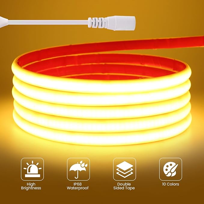KISUFU 12V DC COB LED Strip, 320 LEDs/m Waterproof IP68 Flexible Neon Light Strip for Living Room, Bedroom, Kitchen, DIY Outdoor Party, Holiday Decoration. (Without Power Adapter)