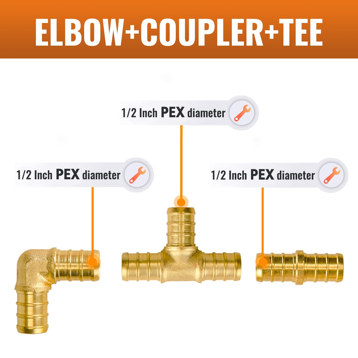 SUNGATOR 30-Pack 1/2 Inch PEX Fittings, 10 Each Elbow Tee Coupling, No Lead Brass, Pex Fitting 1/2 Inch Assortment, UPC, NSF Certified