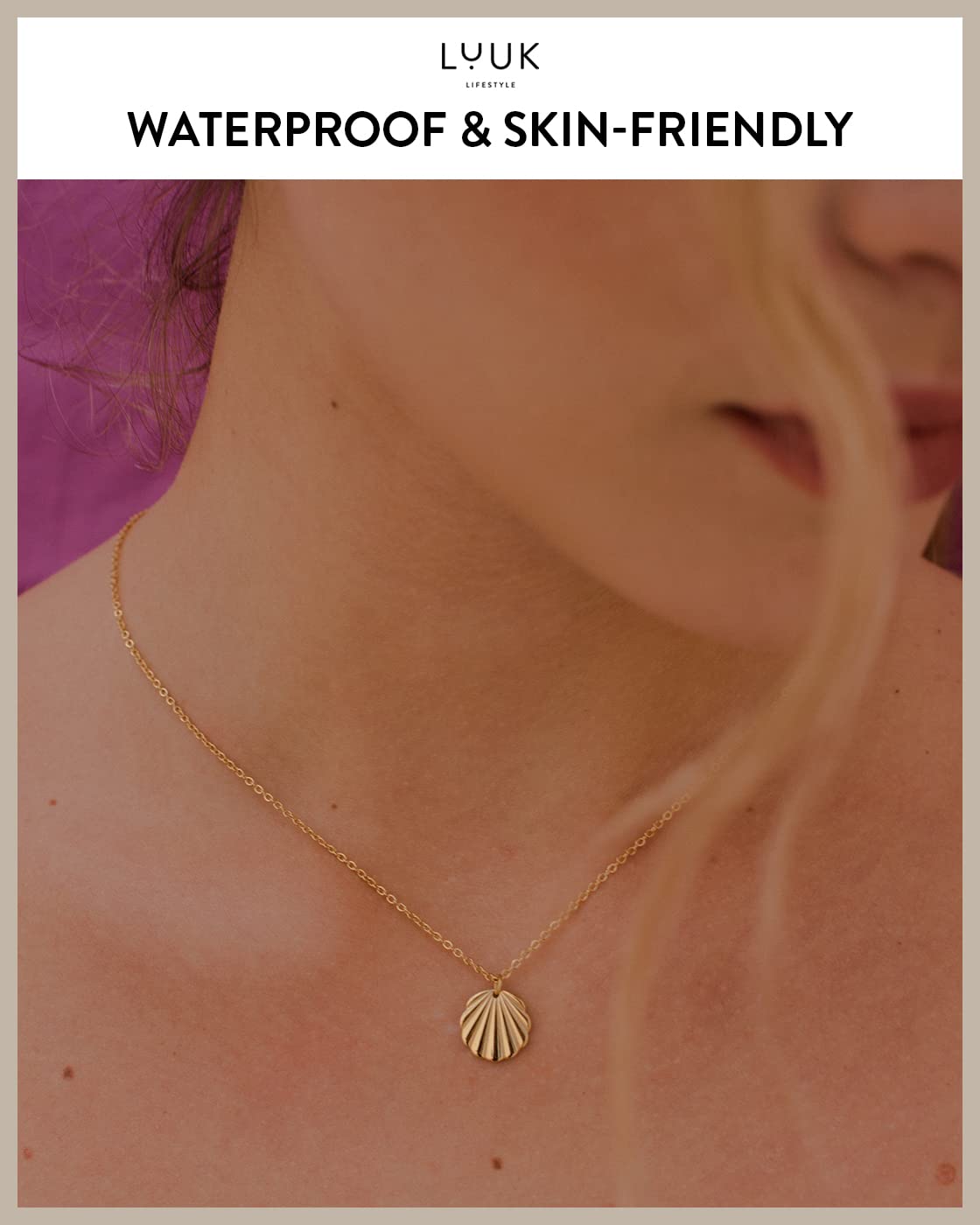LUUK LIFESTYLE Stainless steel necklace for women with shell pendant and HAPPINESS gift card, lucky charm, jewellery, beauty symbol, 19” adjustable chain length, trendy fashion accessory, gold