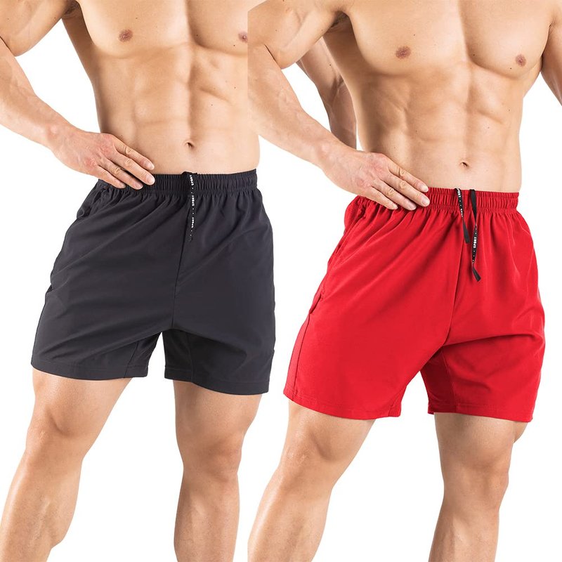 Gaglg Men's 5" Running Shorts 2 Pack Quick Dry Athletic Workout Gym Shorts with Zipper Pockets Black/Red,Medium