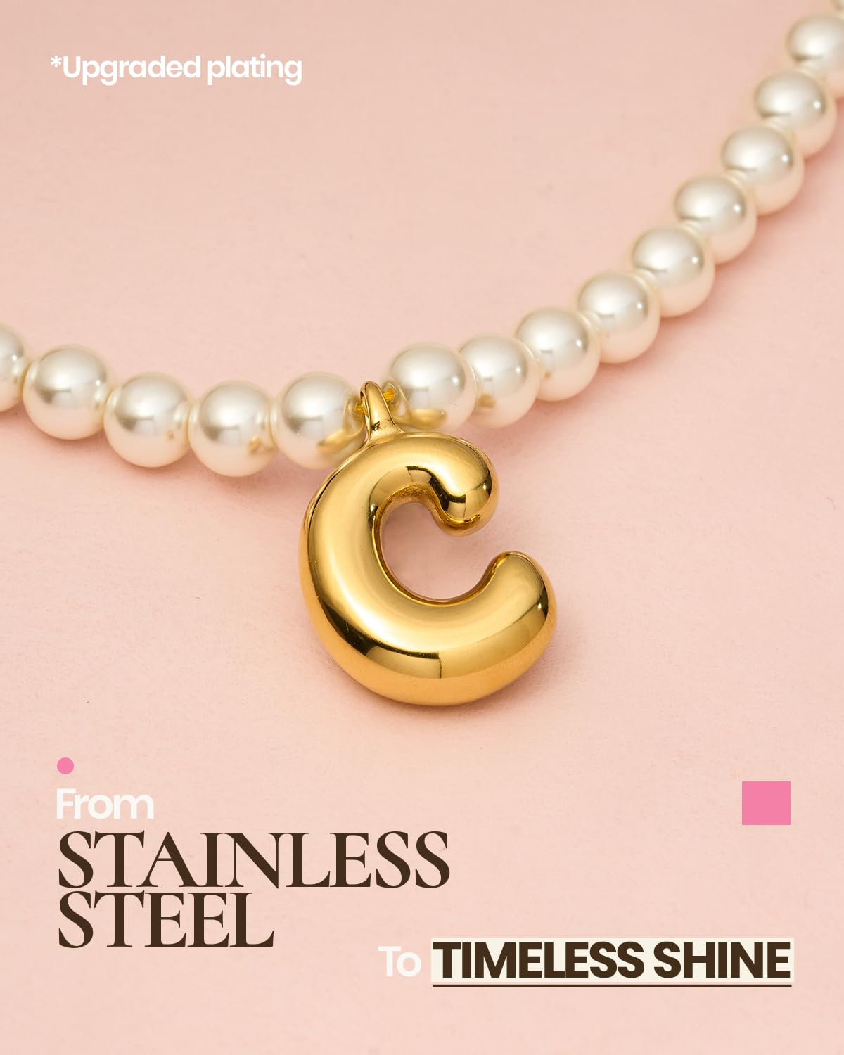 DoDoBeads Pearl Initial Necklace, 18K Gold Plated Stainless Steel Balloon Letter Pendant C, Non-Tarnish Waterproof Chunky Monogram Jewelry Gifts for Women Teens