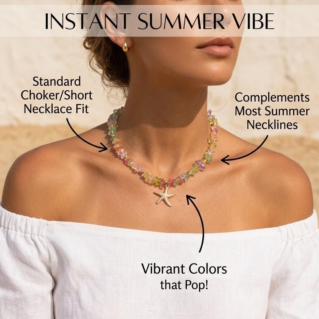 Boho Shell Pendant Necklace Starfish Pearl Beaded Summer Jewelry Y2K Statement Charm Necklaces Colorful Stone Daily&Holiday Jewelry Gifts for Women (A:starfish)