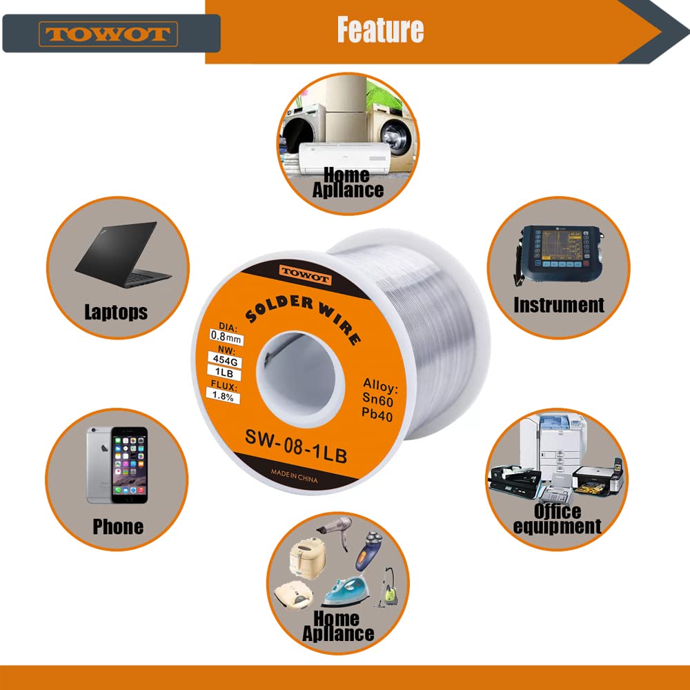 TOWOT Tin Lead Rosin Core Solder Wire for Electrical Soldering, Content 1.8% Solder Flux Sn60-Pb40 (0.8mm-1lb)