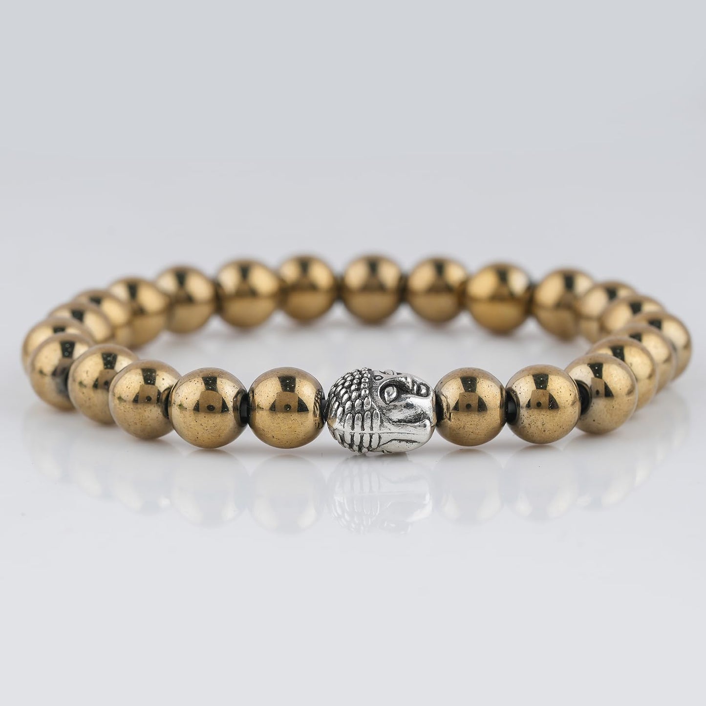 CRYSTALINES Buddha Charm Stretchable Braceclet, Natural Golden Pyrite Gemstone Beads, Plain Round Stones, Handmade Boho Strech Bracelet, Adjustable Spiritual Healing Crystal Unisex Jewelry Gift