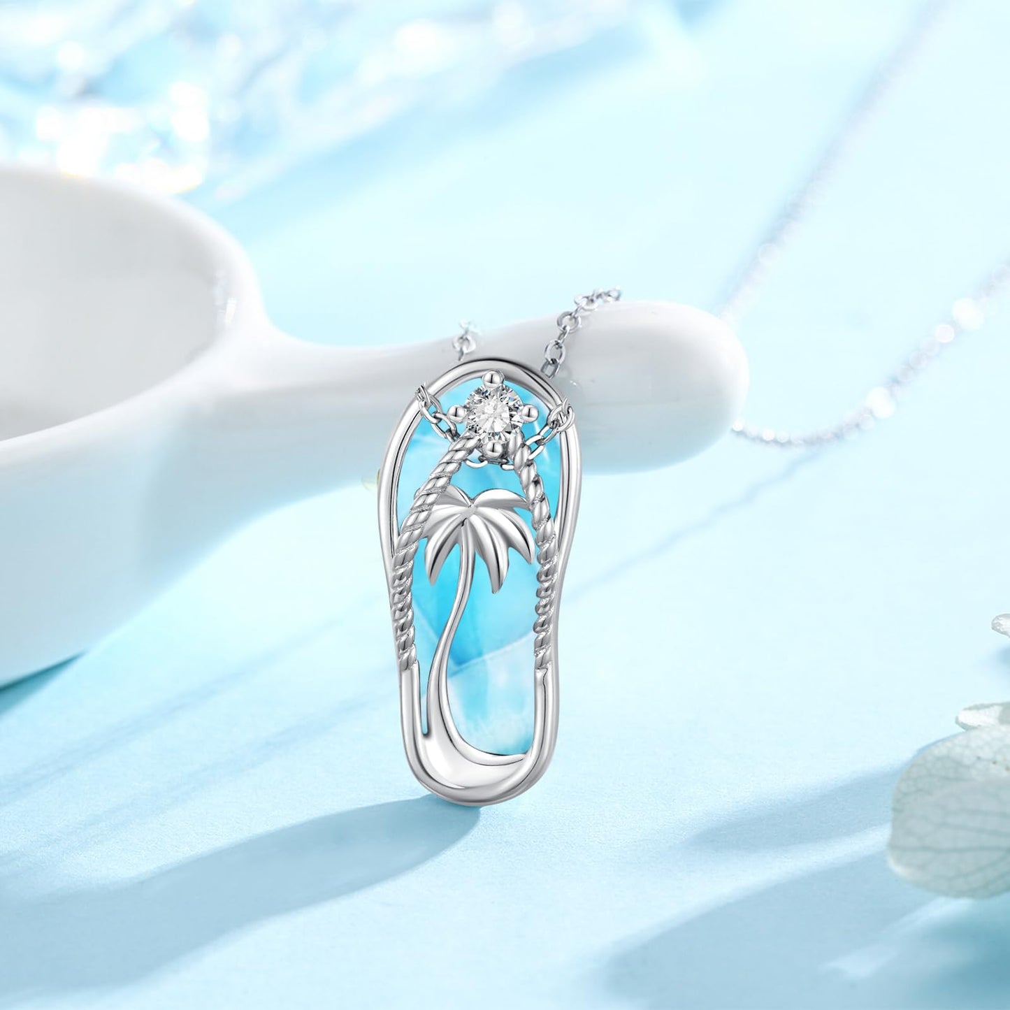 Midir&Etain Larimar Summer Vacation Necklace 925 Sterling Silver Flip Flops Hawaii Pendant Beachy Blue Necklace Coastal Natural Stone Jewelry for Women Prime