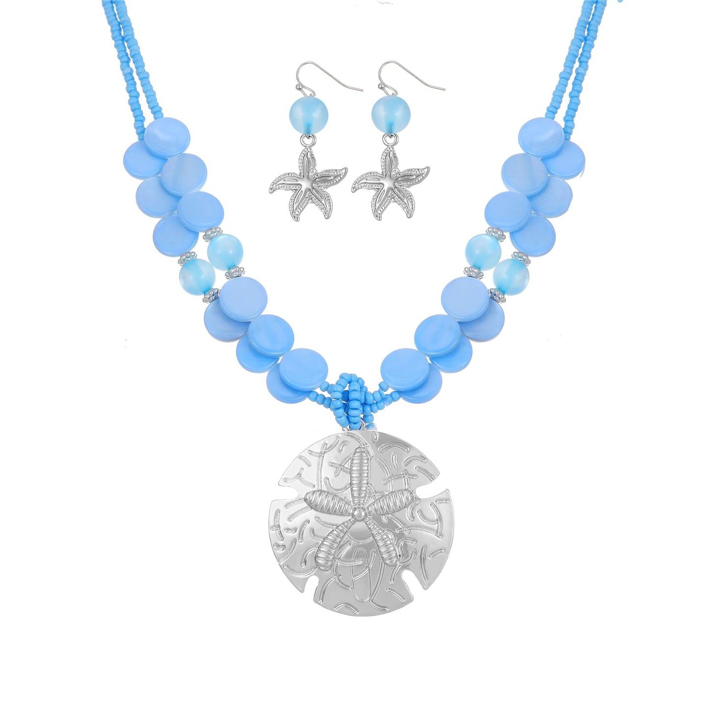 Perla Boho Starfish Necklace for Women, Chunky Layered Shell Beads Choker Necklace and Earrings Set, Ocean-Themed Summer Beach Jewelry (Light blue)