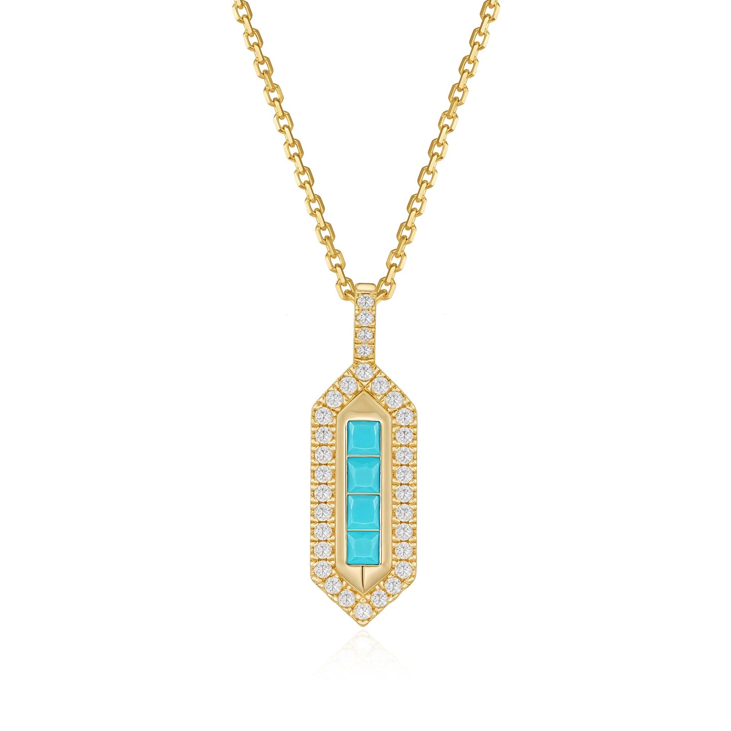 LOLAR RAY Geometric Shield Necklace 14K Gold Plated Turquoise & Cubic Zirconia Inlaid Pendant Adjustable Chain Stylish Gift for Women