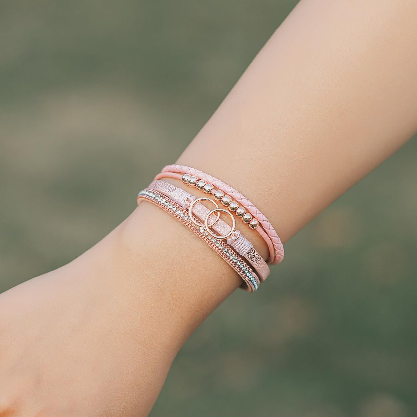 FANCY SHINY Boho Leather Wrap Bracelet Stackable Beaded Infinity Chunky Cuff Bracelets with Magnetic Clasp Western Hippie Outfits Jewelry Gifts for Women(Pink)