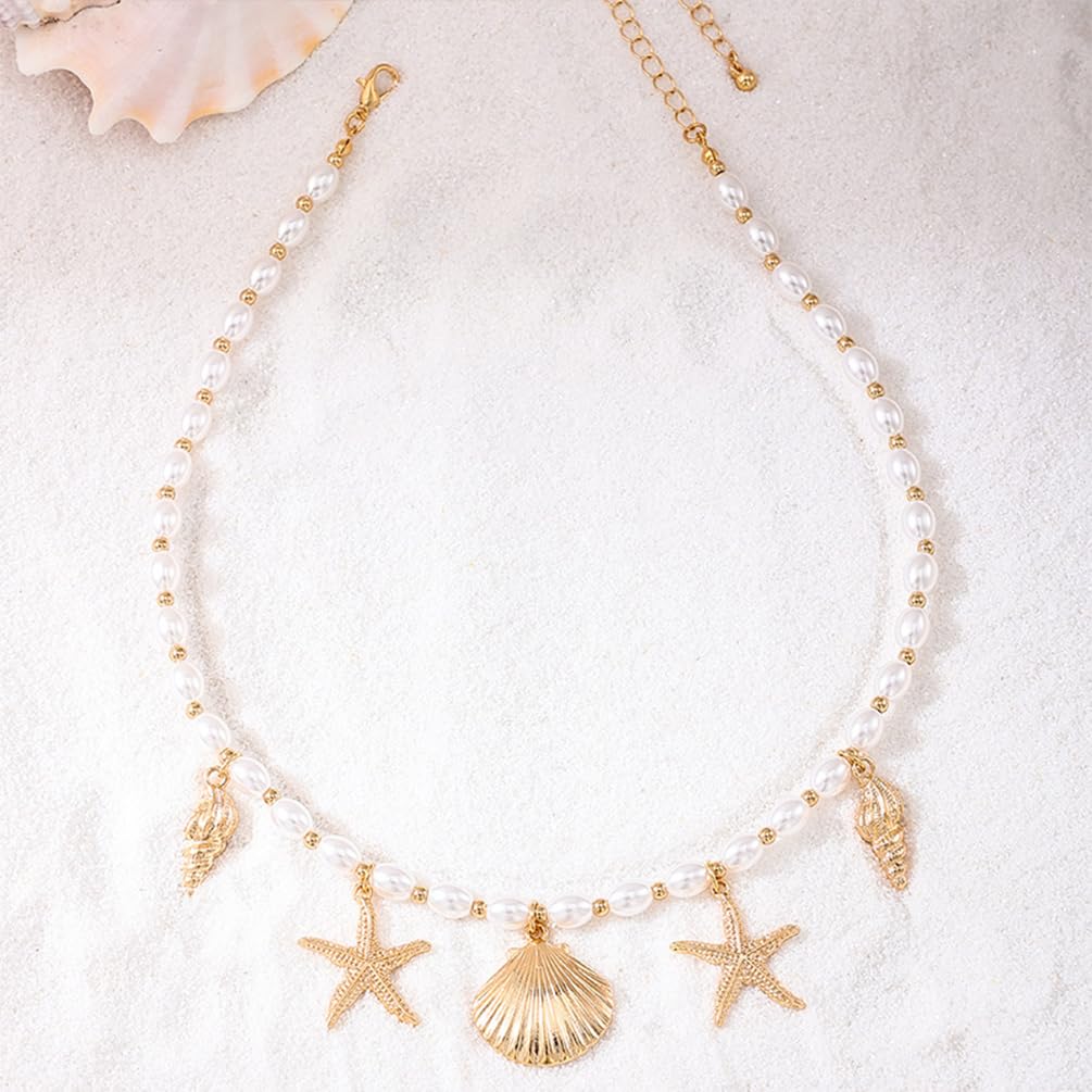 Dainty Gold Starfish Conch Oval Pearl SeaShell Necklace for Women Trendy, Statement Boho Shell Pearls Beaded Chain Necklaces Holiday Beach Party Jewelry (Gold)
