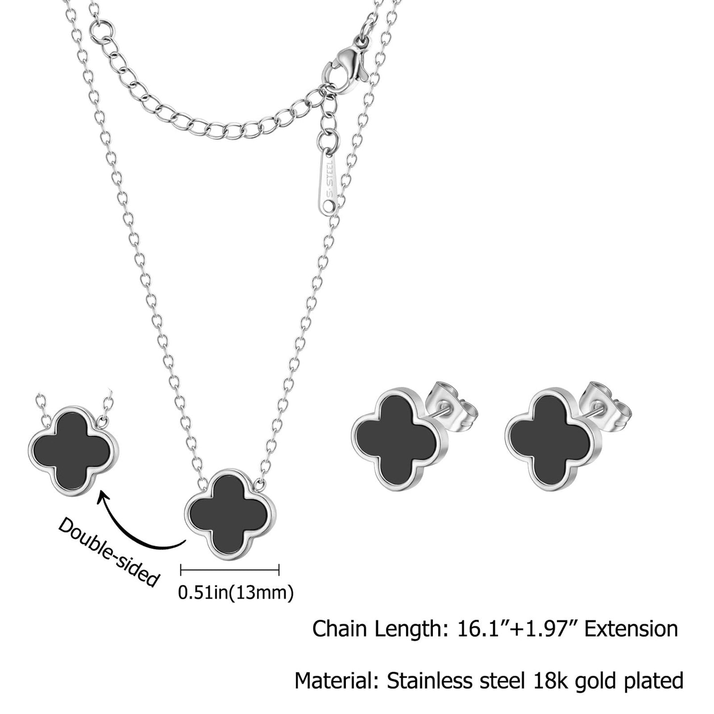 KYJAC Clover Jewelry Set - Necklace and Stud Earrings, 18k Gold Plated Four Leaf Pendant, White Black Red, Silver Black Set - Gifts for Women