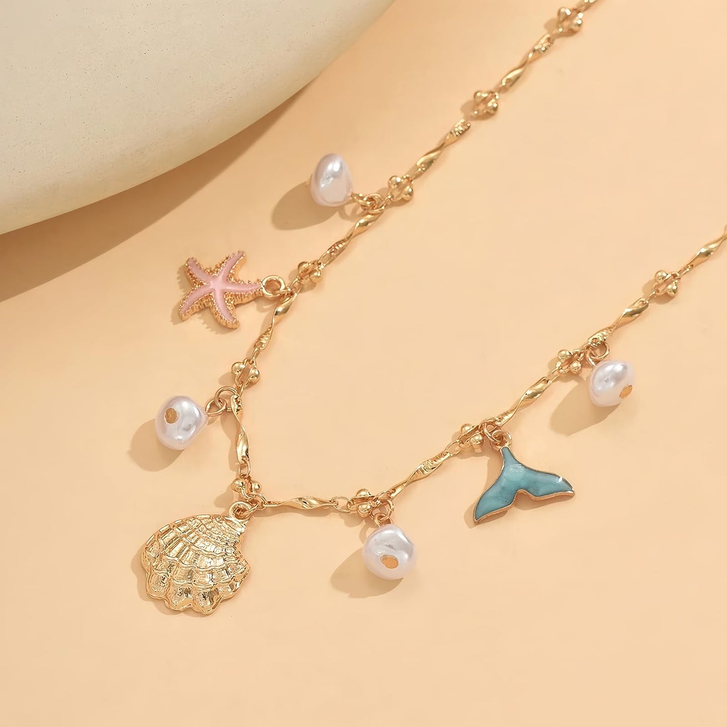 Shell Starfish Necklace for Women, 14k Gold Plated Boho Layered Beaded Charm Pendant Necklace, Dainty Adjustable Pearl Conch Summer Beach Vacation Jewelry Gifts(Colorful)