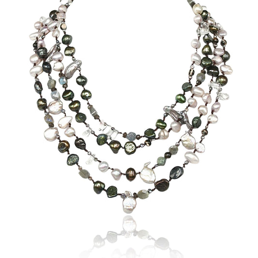 Classic Multicolor Versatile 18" Multi-Strand Freshwater Pearl Necklace with 8-9mm Multicolor Baroque Pearls & Crystal Pearl Clasp Luxury Jewelry Gift