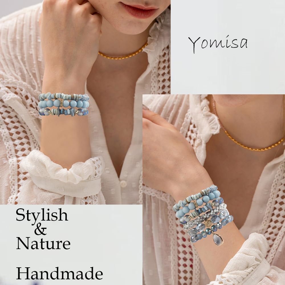 Yomisa Boho Beaded Bracelets/Bangle for Women,Multilayer Wrap 6PCS Healing Natural Jasper Crystal Stone Bead Bracelets Stackable Friendship Stretch Beaded Bracelet Set Trendy Bohemian Jewelry Gift