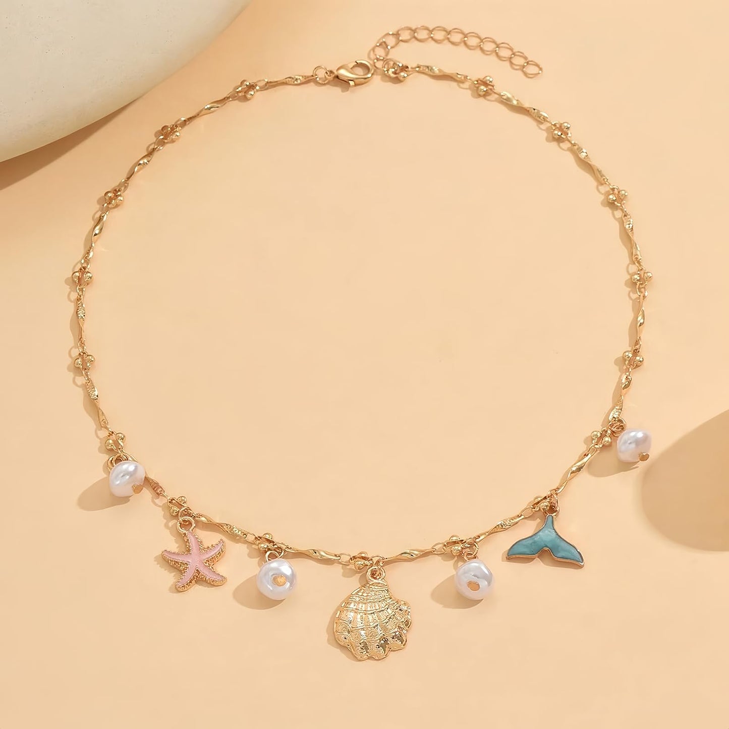Shell Starfish Necklace for Women, 14k Gold Plated Boho Layered Beaded Charm Pendant Necklace, Dainty Adjustable Pearl Conch Summer Beach Vacation Jewelry Gifts(Colorful)