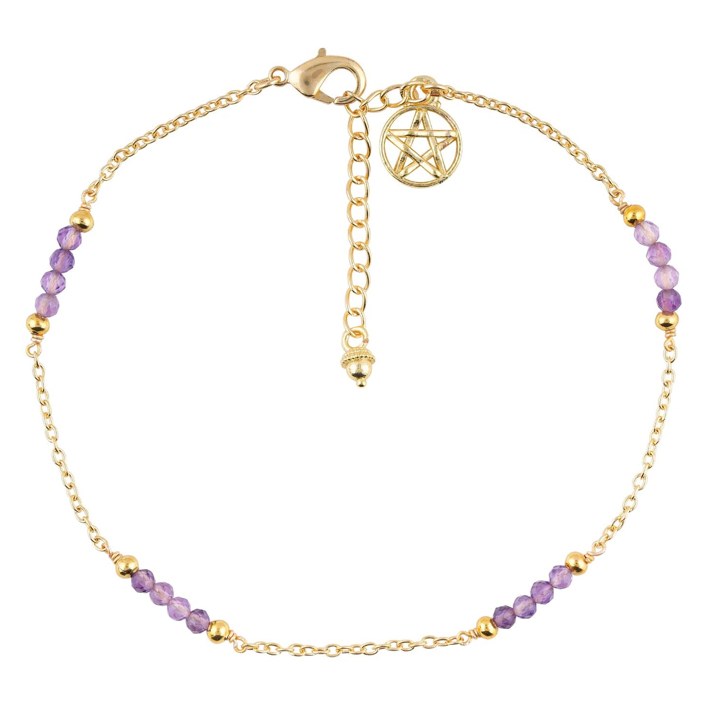 CRYSTALINES Natural Amethyst Gemstone Beads, Handmade Station Dangle Star Charms Anklet, 14K Gold Plated, Adjustable Fashion Boho Jewelry for Women, Healing Crystals, Christmas Gift