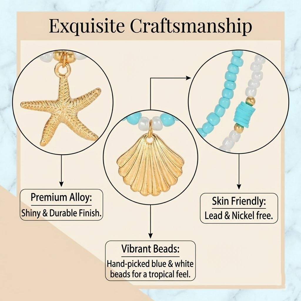 Tazimo 2Pcs Shell Starfish Layered Necklaces,Boho Beach Summer Necklace Gold Pendant Tropical Necklace Blue&White Beaded Necklaces Jewelry Gifts for Women (A:Blue&White)