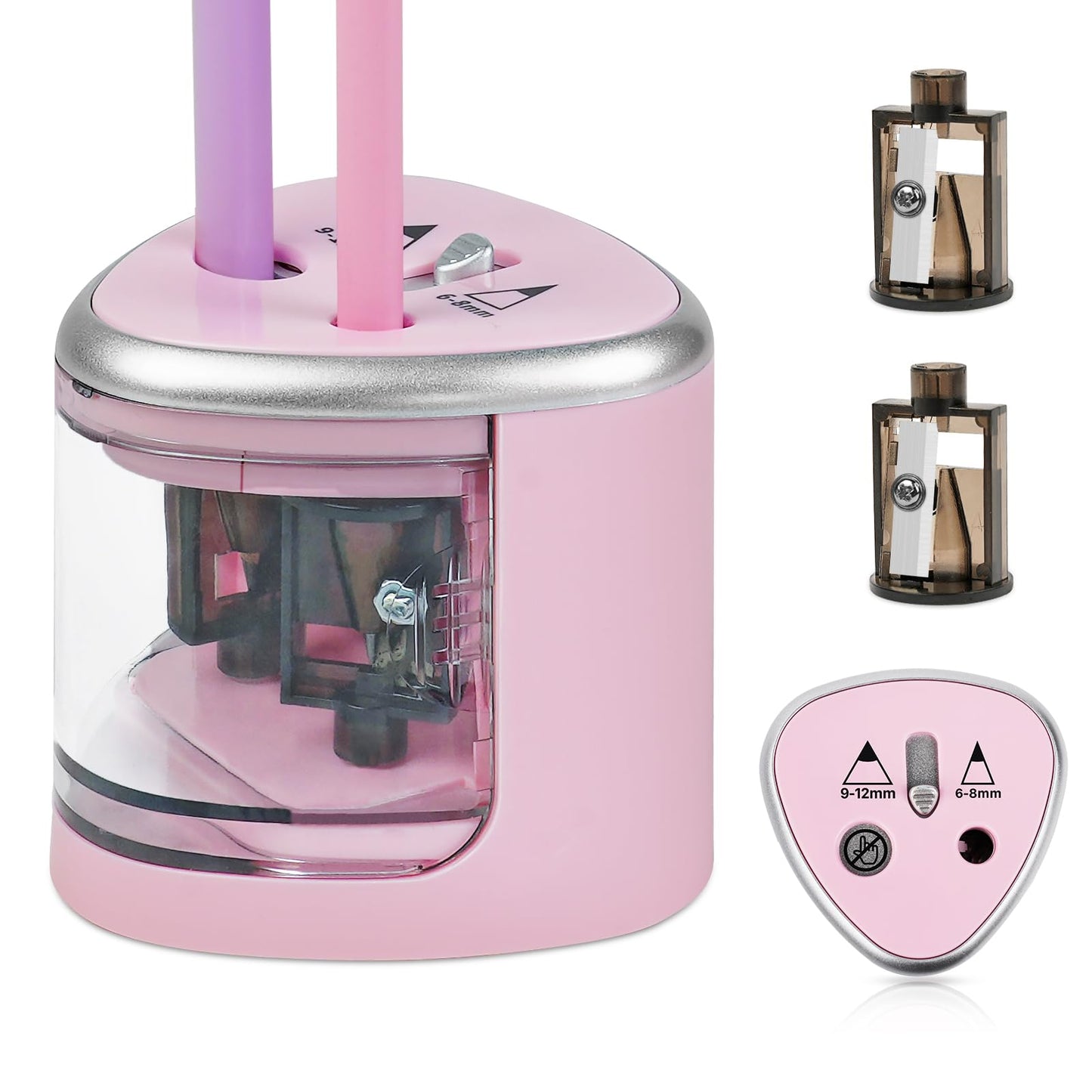 AUAUY Electric Pencil Sharpener with Double Hole, Battery Operated Automatic Sharpener with 2 Extra Knife Holders, for 6-8mm/9-12mm Standard Pencils, Colored Pencils, and Skectch Pencils（Pink）