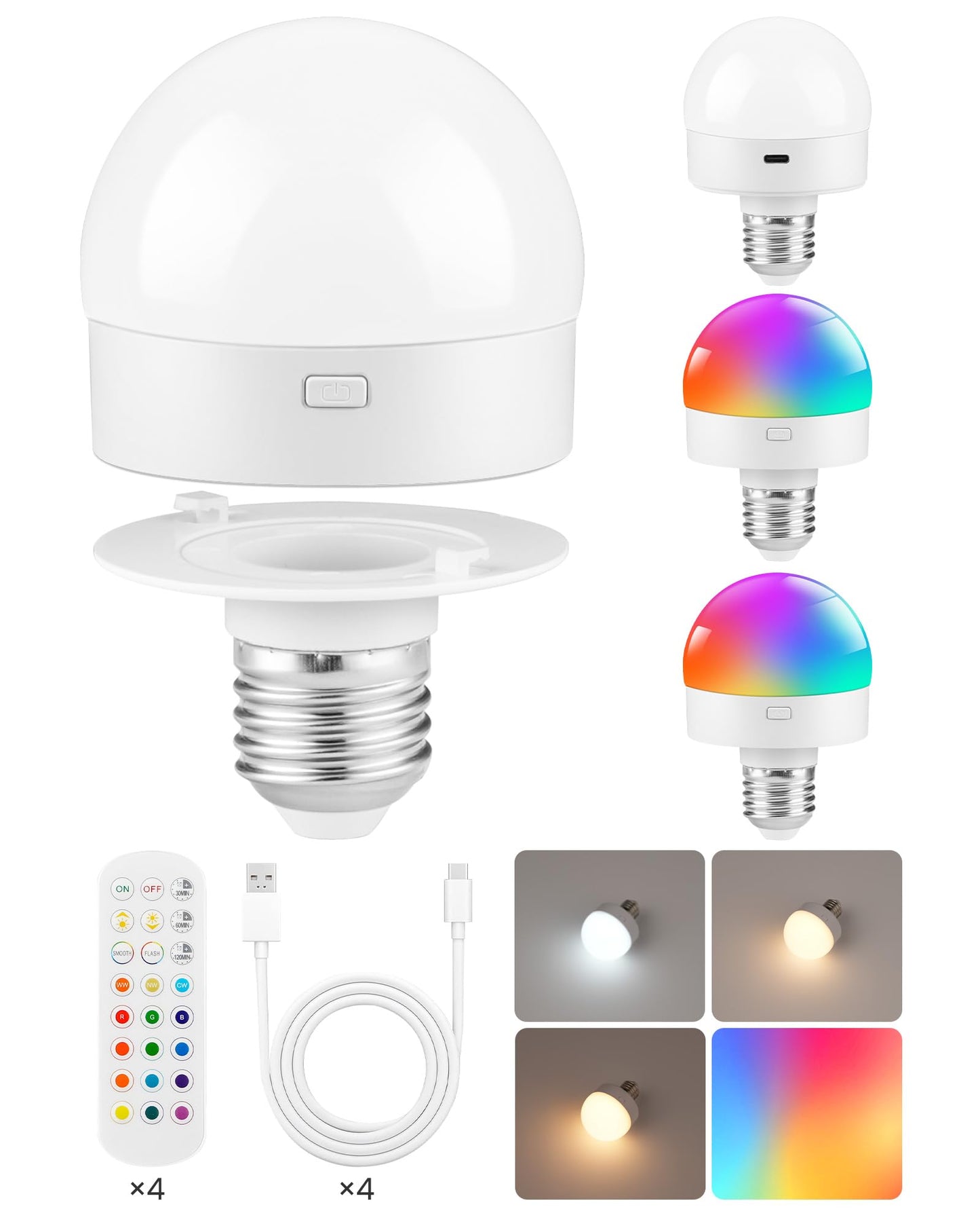 GOEBLESON Rechargeable Light Bulbs with Remote Control, 4 Packs Battery Operated Light Bulbs, 3 Timer 15 Colors Selectable, Dimmable Wireless RGB LED Bulb for Wall Sconce, Non-Hardwired, R01YBP406