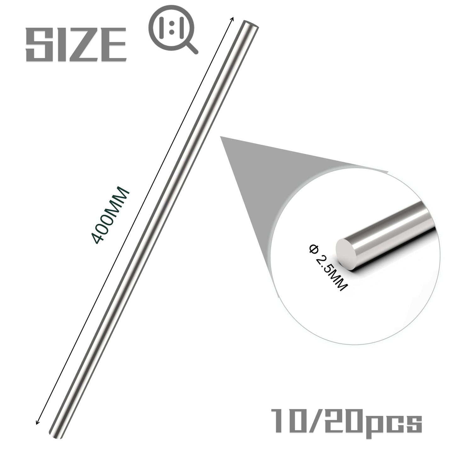 20pcs 2.5MM X 400MM 304 Stainless Steel Round Rods,Metal Solid Shaft Rods (20, 2.5MM X 400)