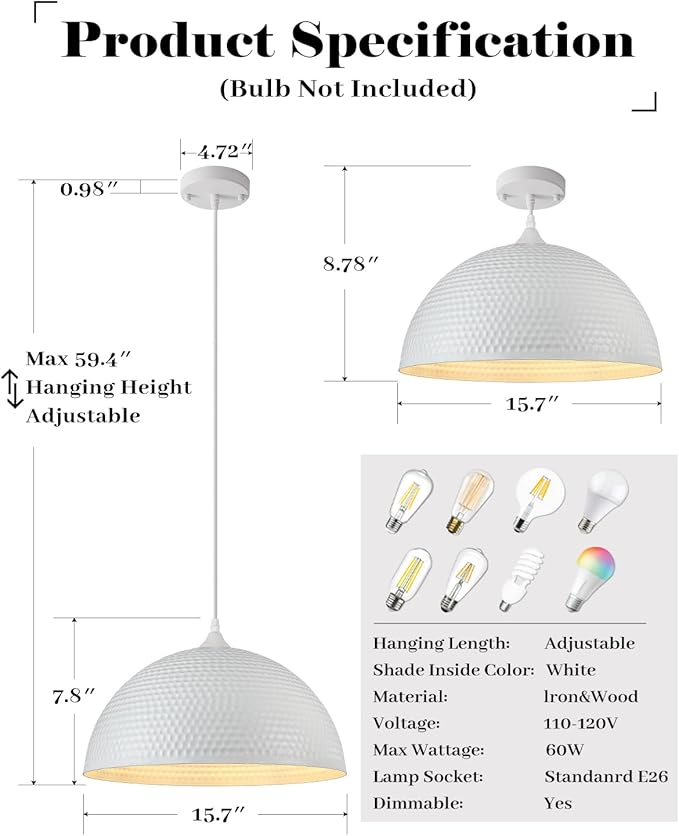 White Pendant Light 2 Pack, 16 inch Large Industrial Pendant Light, Farmhouse Kitchen Pendant Lighting, White Dome Pendant Lights for Kitchen Island, Dining Room Living Room