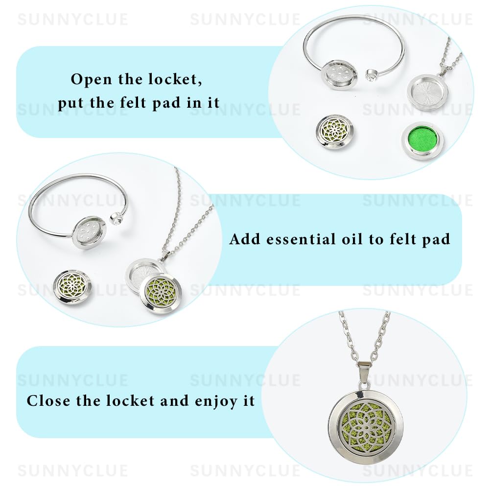 SUNNYCLUE 1Pc Essential Oil Necklace 1Pc Essential Oil Diffuser Bracelet with 10Pcs Refill Pads Flower Stainless Steel Aromatherapy Locket Pendant Bracelets Necklaces Diffuser Jewelry for Women Gifts