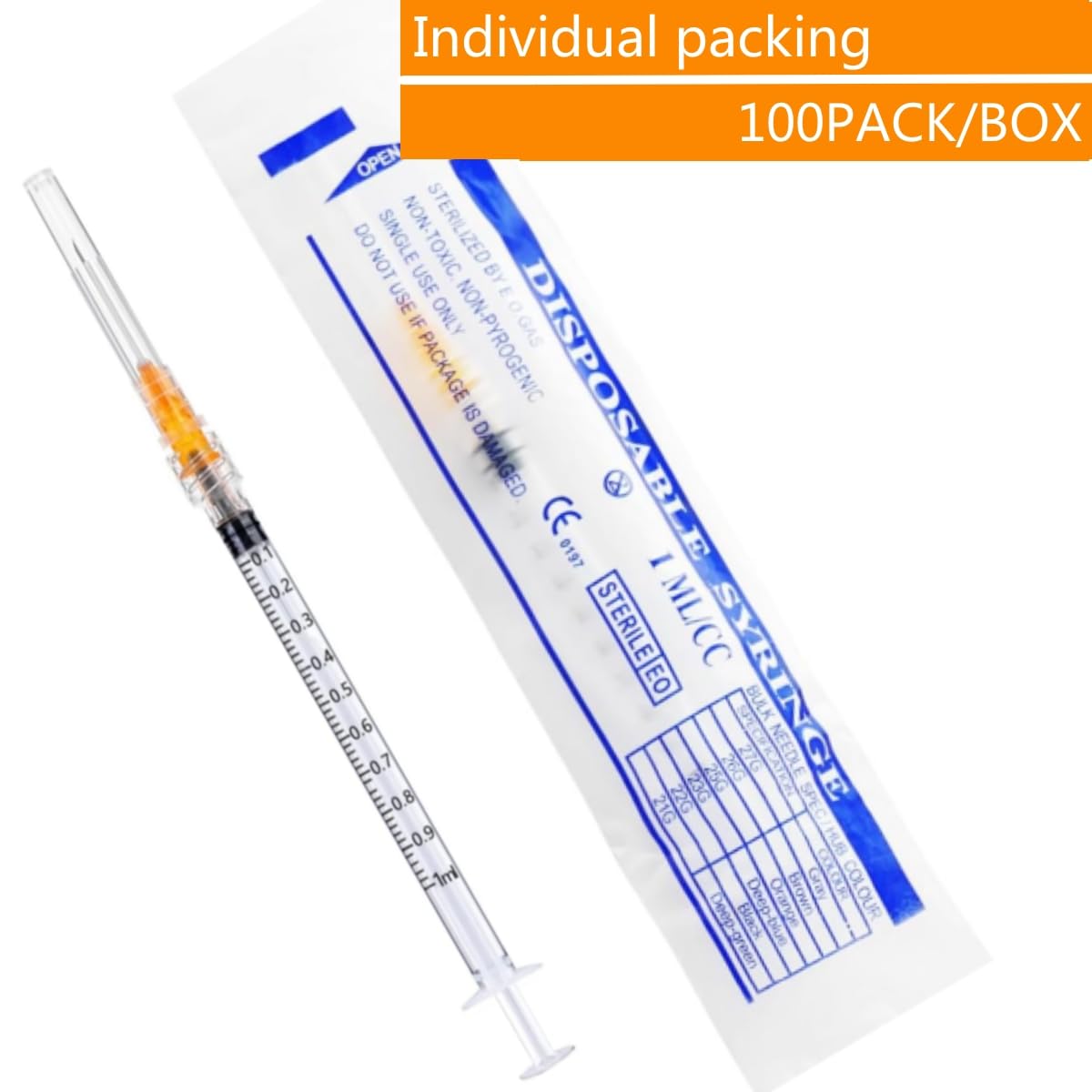 100 Pack 1ml 25 Gauge 5/8 Inch, for Scientific Labs, Industrial Dispensing and Liquid Measuring Supplies, Individually Sealed Packaging