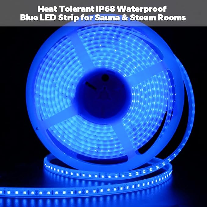 SuperLightingLED 24 Volt Blue LED Strip Sauna Light, Heat-Tolerant Flexible Dimmable Cuttable 5m/16.4ft 600 LEDs High-Density Bright IP68 Waterproof Sauna Room LED Tape (Blue)