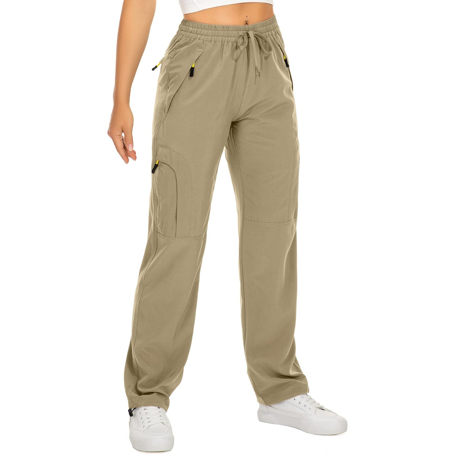 Womens Hiking Pants Quick Dry UPF 50 Lightweight Travel Golf Cargo Safari Pants Zipper Pockets,6608,Khaki,Petite L