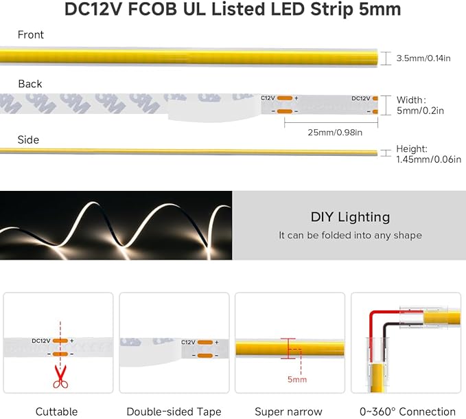 BTF-LIGHTING FCOB COB 5mm Width UL Listed Super Narrow Flexible Uniform Light LED Strip 16.4FT DC12V 6000K CRI 90+ Dimmable LED Ribbon for Kitchen Home Indoor Decoration(No Adapter or Controller)