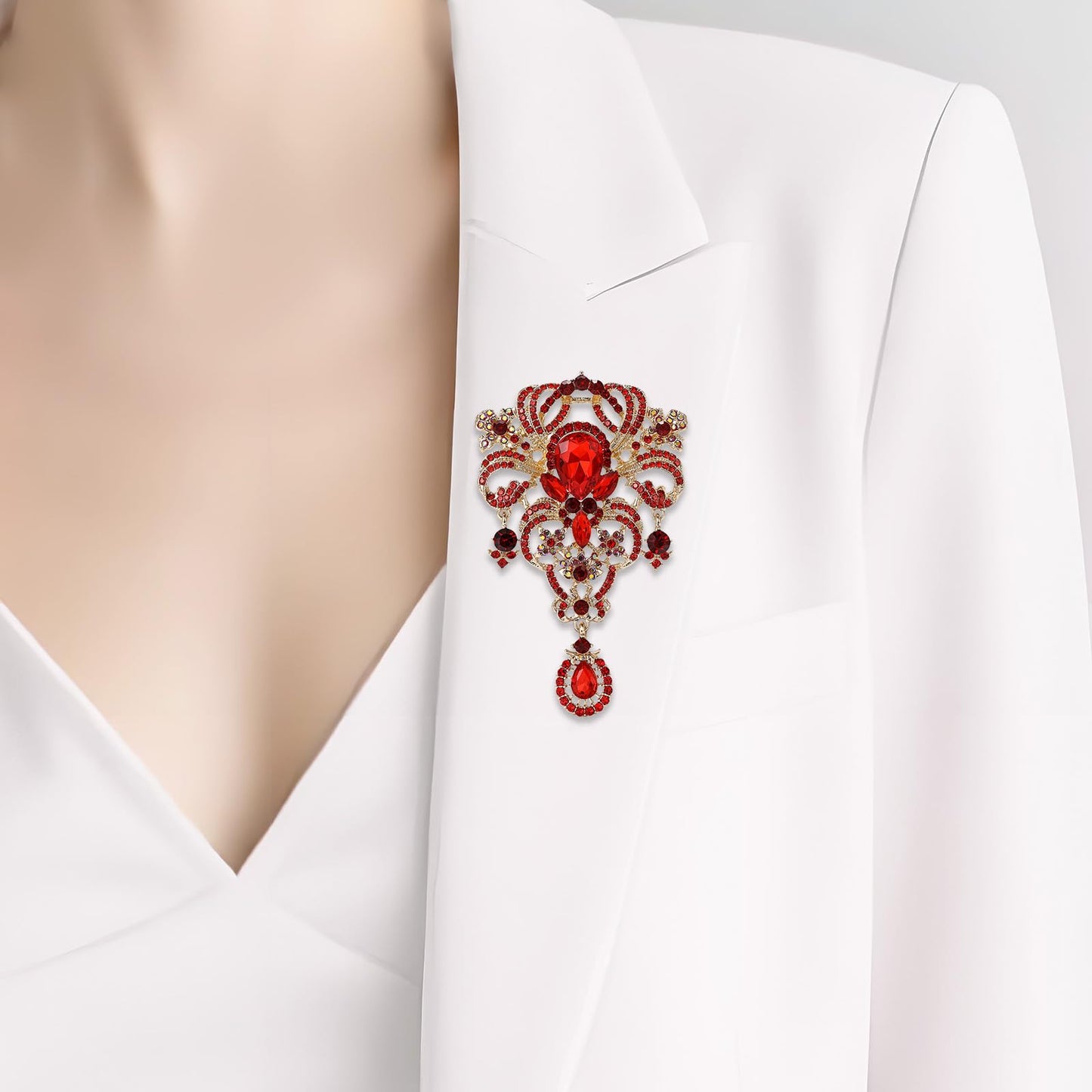 YOQUCOL Retro Red Austrian Crystal Big Brooch Pin for Women Large Flower Shape Brooches Lapel Pins for Sweater,Coat Dress Accessories