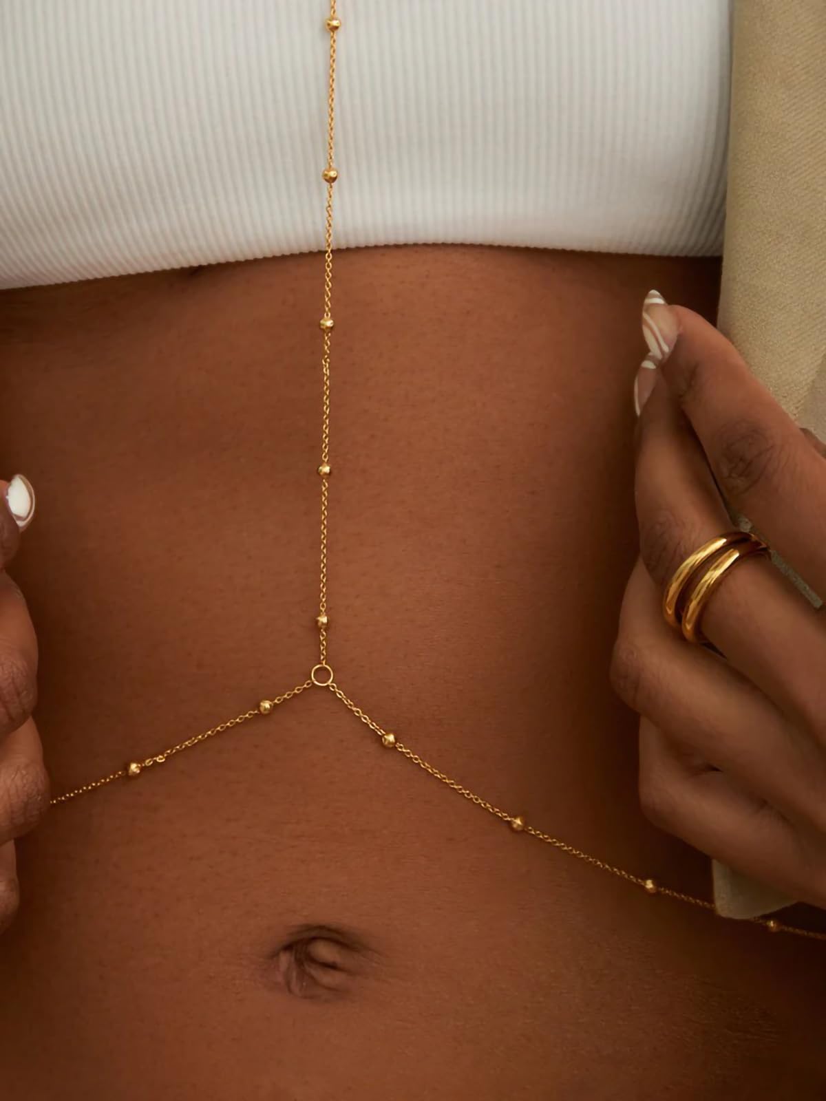 14K Gold Plated Body Chains for Women, Sexy Layered Belly Waist Chain Crossover Bikini Bra Chain, Summer Beach Rhinestone Body Jewelry(Beads)