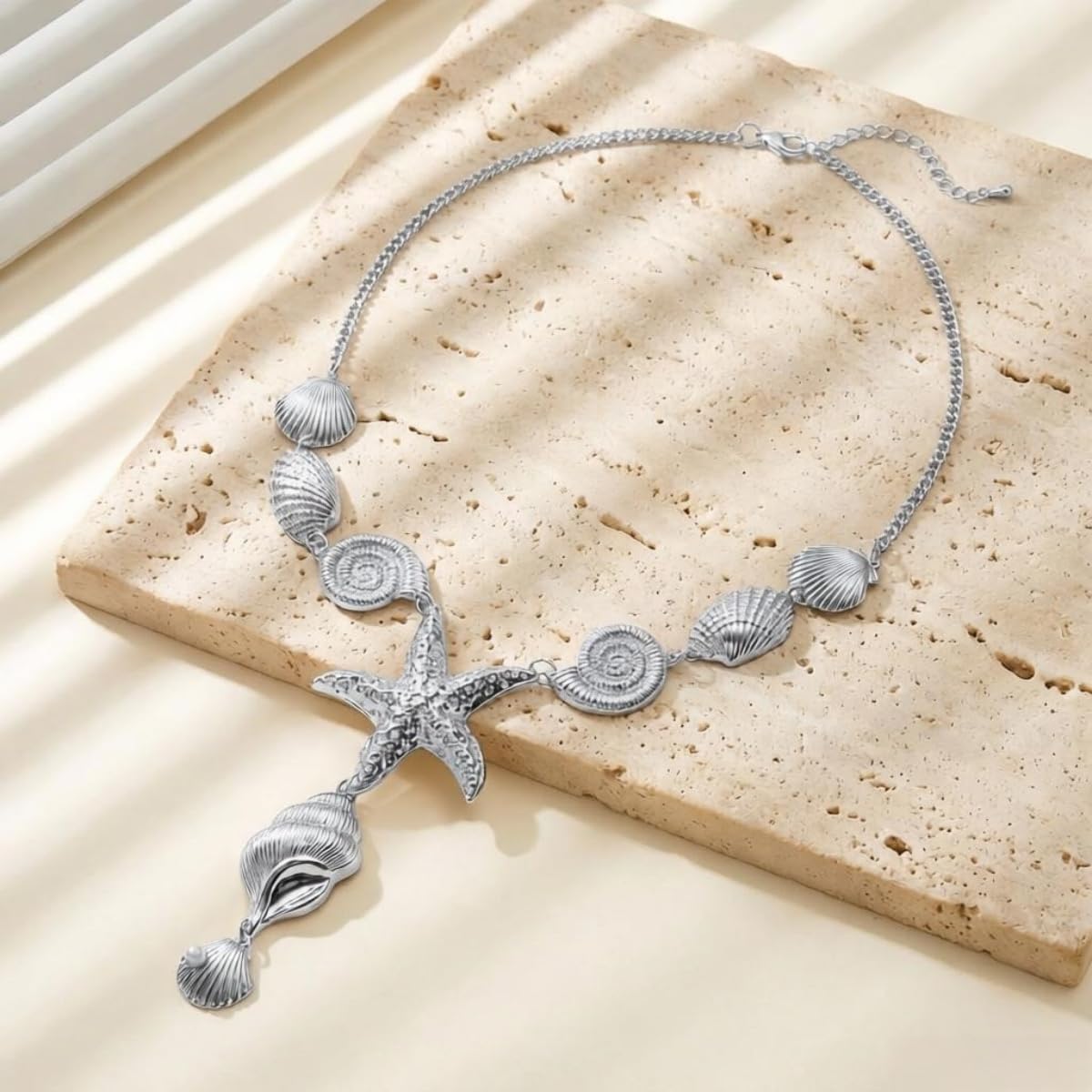 VIYPDRST Starfish Shell Necklaces For Women Big Seashell Beach Conch Y-Shaped Pendant Boho Summer Statement Beach Collar Holiday Jewelry (Silver)