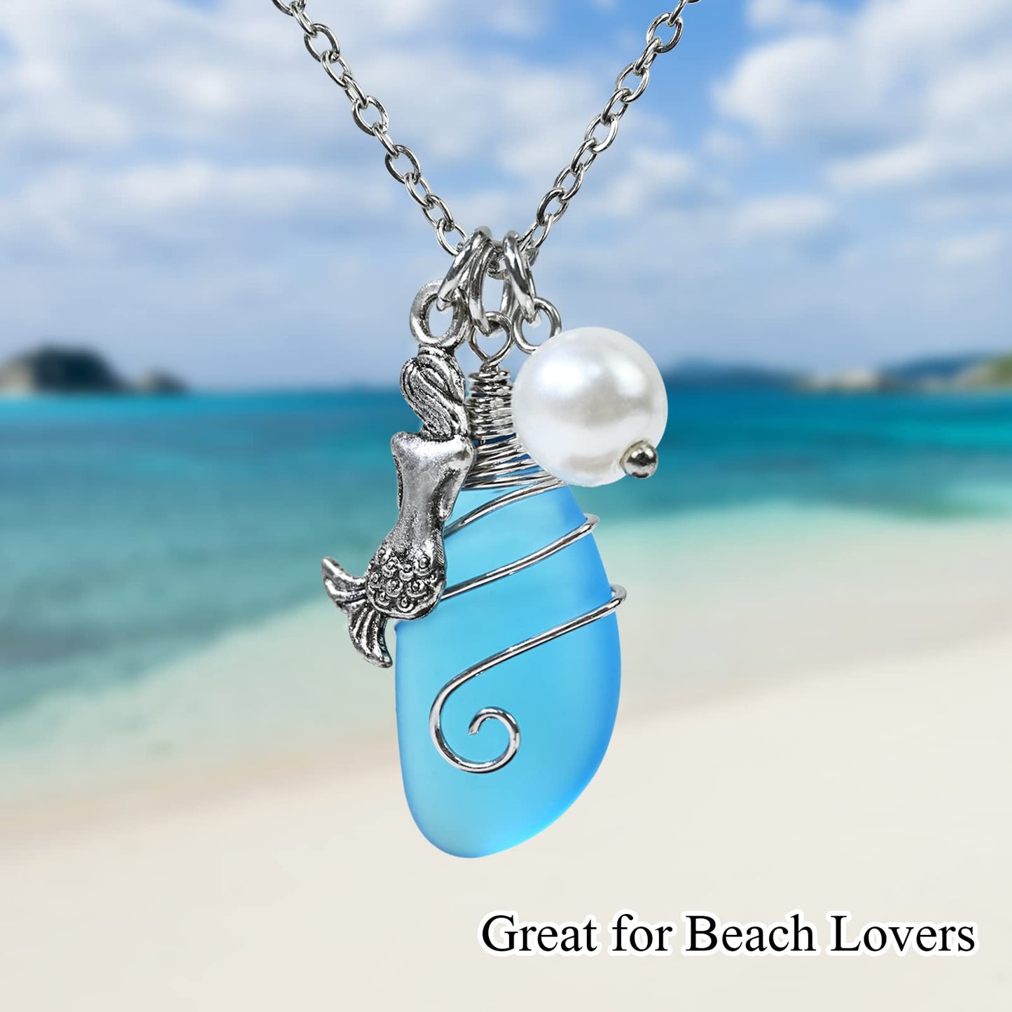 Sea Glass Necklace, Beach Jewelry for Women, Wire Wrapped Beach Necklaces with Mermaid Pendant, Freshwater Pearls, Sea Glass Jewelry, Handmade Necklaces Gift for Women Girls