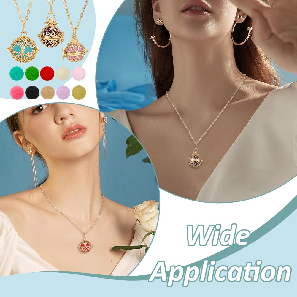 PH PandaHall 3pcs Golden Essential Oil Diffuser Necklace, Aromatherapy Locket Pendant with 10pcs Color Cotton Balls Scent Necklace Hollow Flower Pendant Necklaces for Men Women Jewelry Birthday Gifts