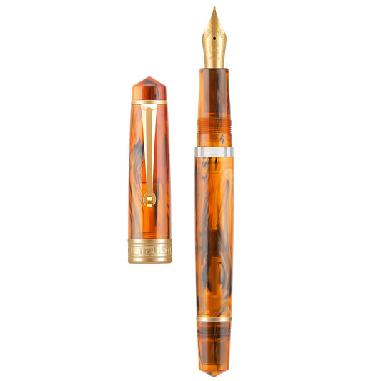 Asvine P20 Piston Fountain Pen Amber Resin, Iridium Extra Fine Nib Gold Trim Smooth Writer Collection with Case Set