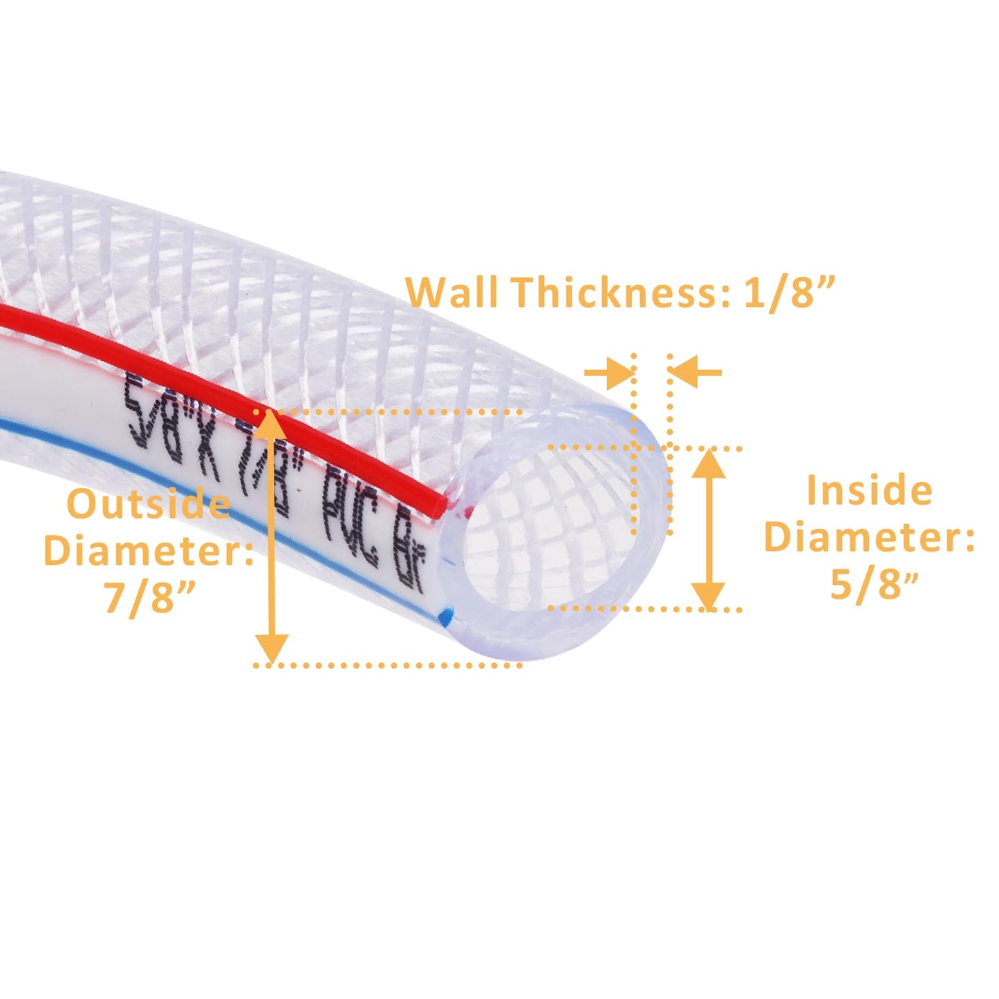 DERPIPE Soft Braided PVC Tubing - 5/8" x 7/8" OD High Pressure Clear Flexible PVC Tube Reinforced Vinyl Hose for Water, Oil with 2pcs Hose Clamps (10Ft)