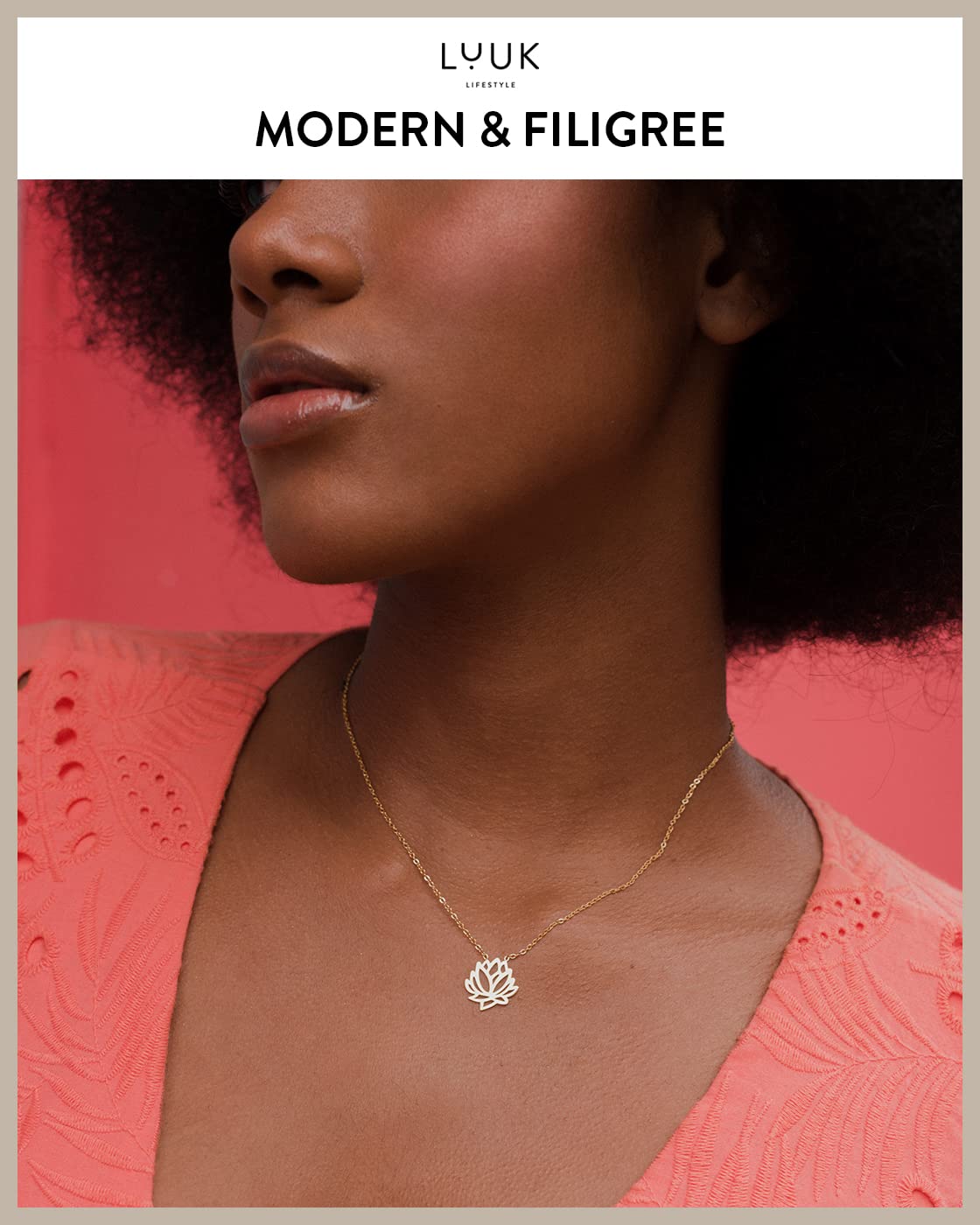 LUUK LIFESTYLE Stainless steel necklace for women with Lotus flower pendant and HAPPINESS gift card, chic and classy style, trendy layer look, Asian lucky charm, minimalist fashion accessory, gold