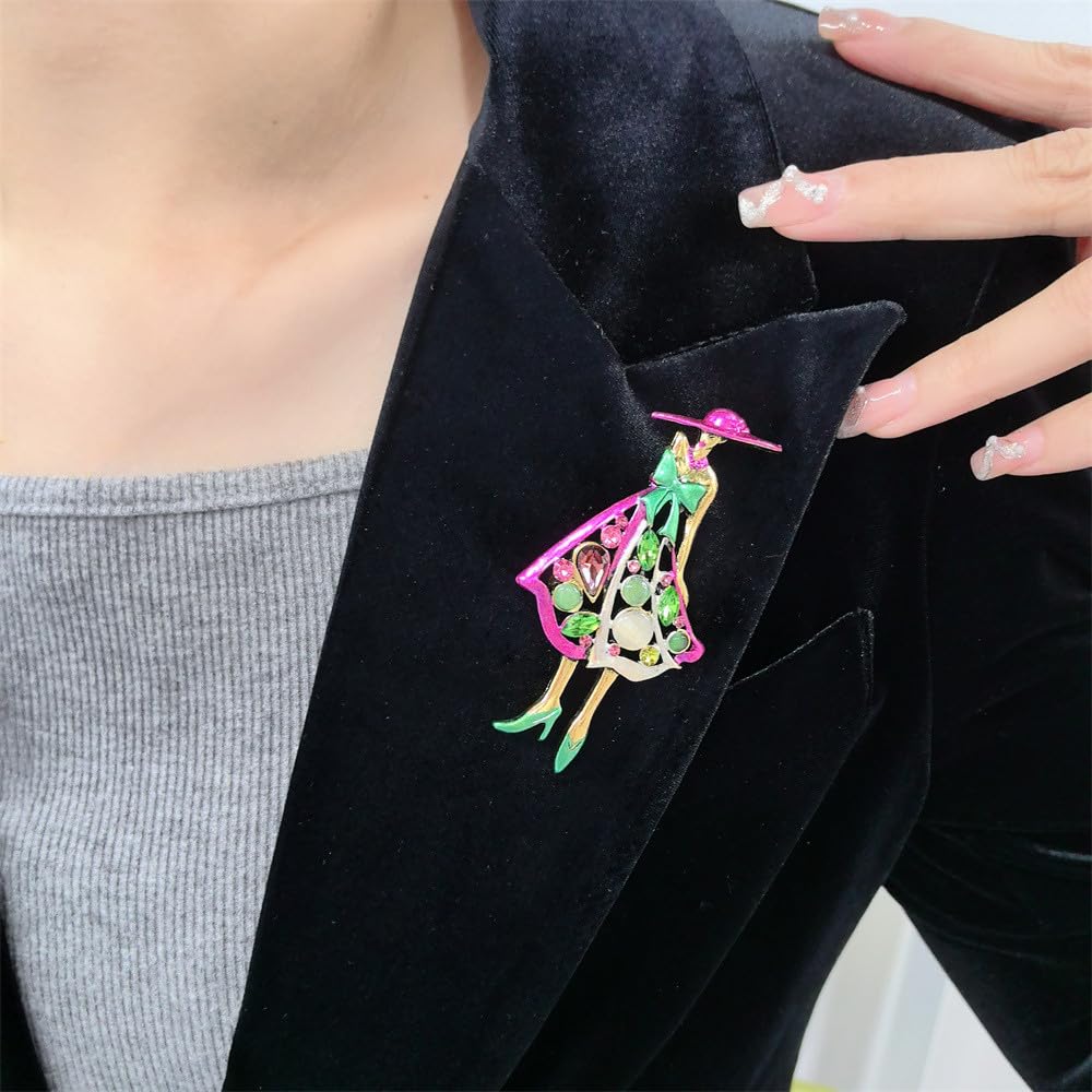 Rhinestone Lady Brooch Pin for Women Girls Fashion Pink Green Crystal Enameled Hat Bag Brooches Lapel Pins Breastpin Sorority Sisterhood Dress Accessories Jewelry Dainty Gift Souvenir