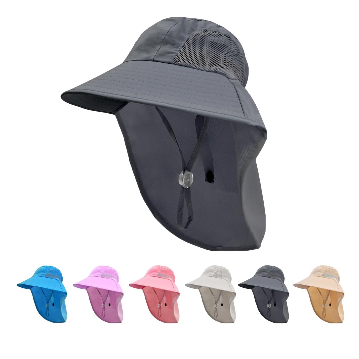 Rosoz Kids Sun Hat with Neck Flap UV Protection Summer Toddler Beach Hat Unisex Ponytail Hat Wide Brim Fishing Hat-Dark Grey